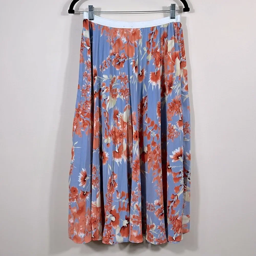 Halogen Floral Blue Pink Lined Spring Pleated Midi Women Skirt Size Small